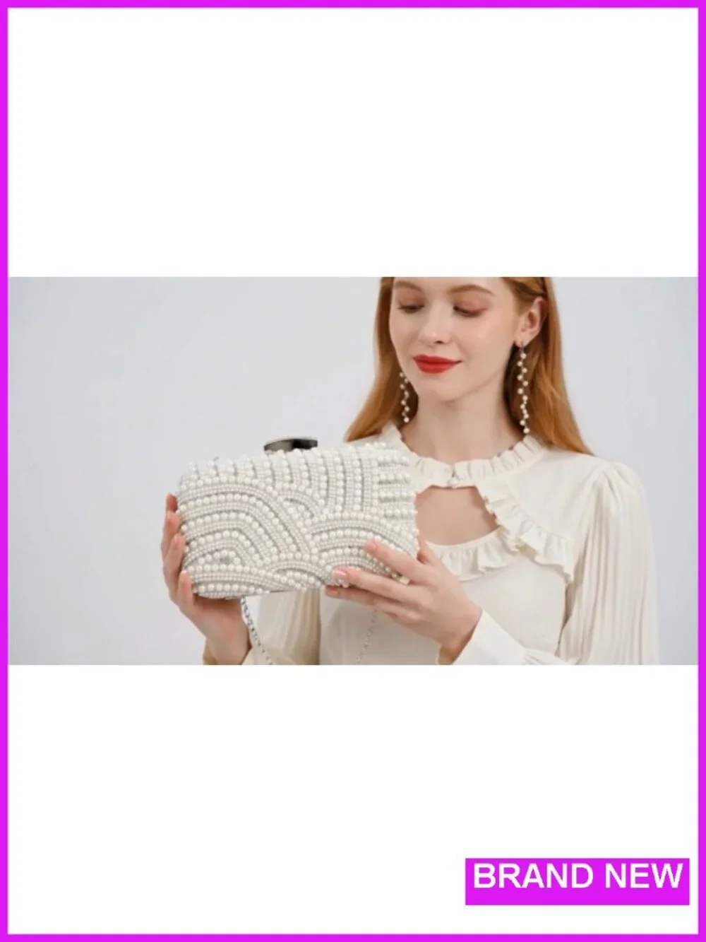Pearl Crystal Evening Clutch with Chain, Bridal Party Purse, Twist Lock Handbag